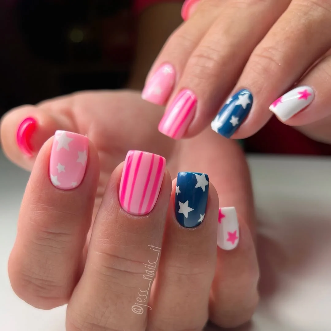 usa nails 2026 Pink Patriotic Nails With Blue Stars And Candy Stripes