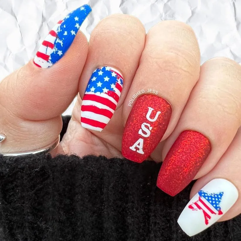usa nails 2026 Bold Flag Nails With Red Glitter And USA Lettering