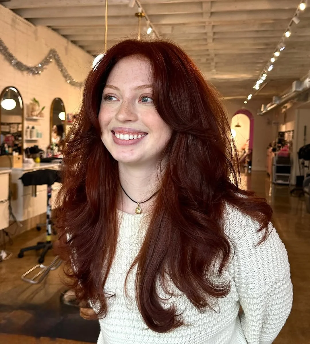 warm summer auburn hair color 2026 Voluminous Cherry Auburn Layers