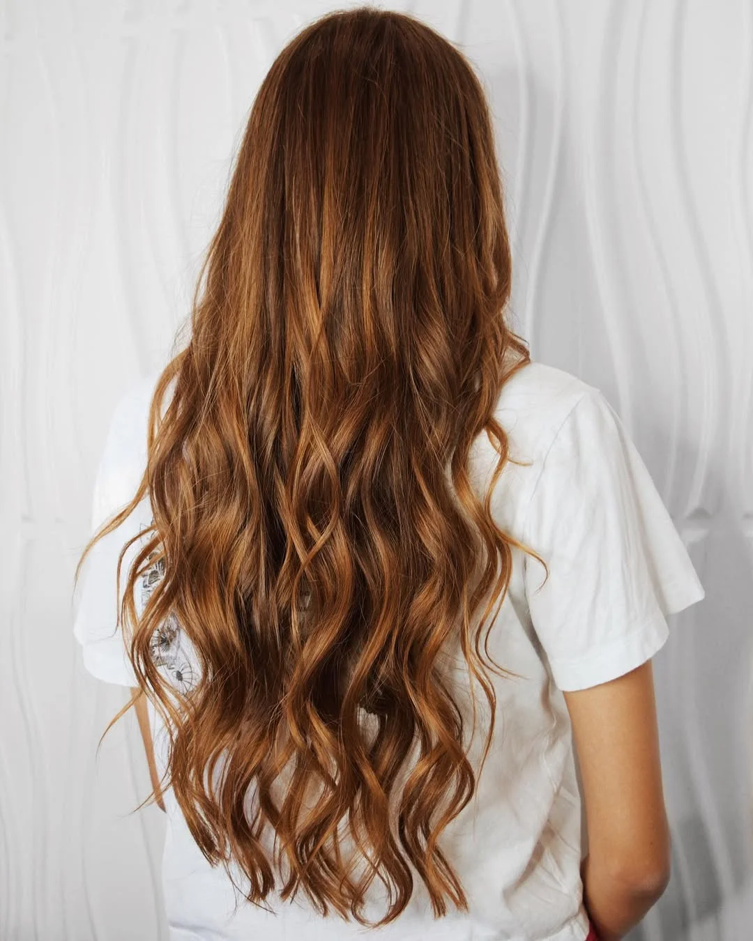warm summer auburn hair color 2026 Golden Auburn Ribbons Through Long Waves