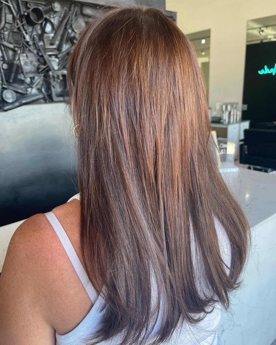 warm summer auburn hair color 2026 Smoky Auburn Beige With Sleek Layers