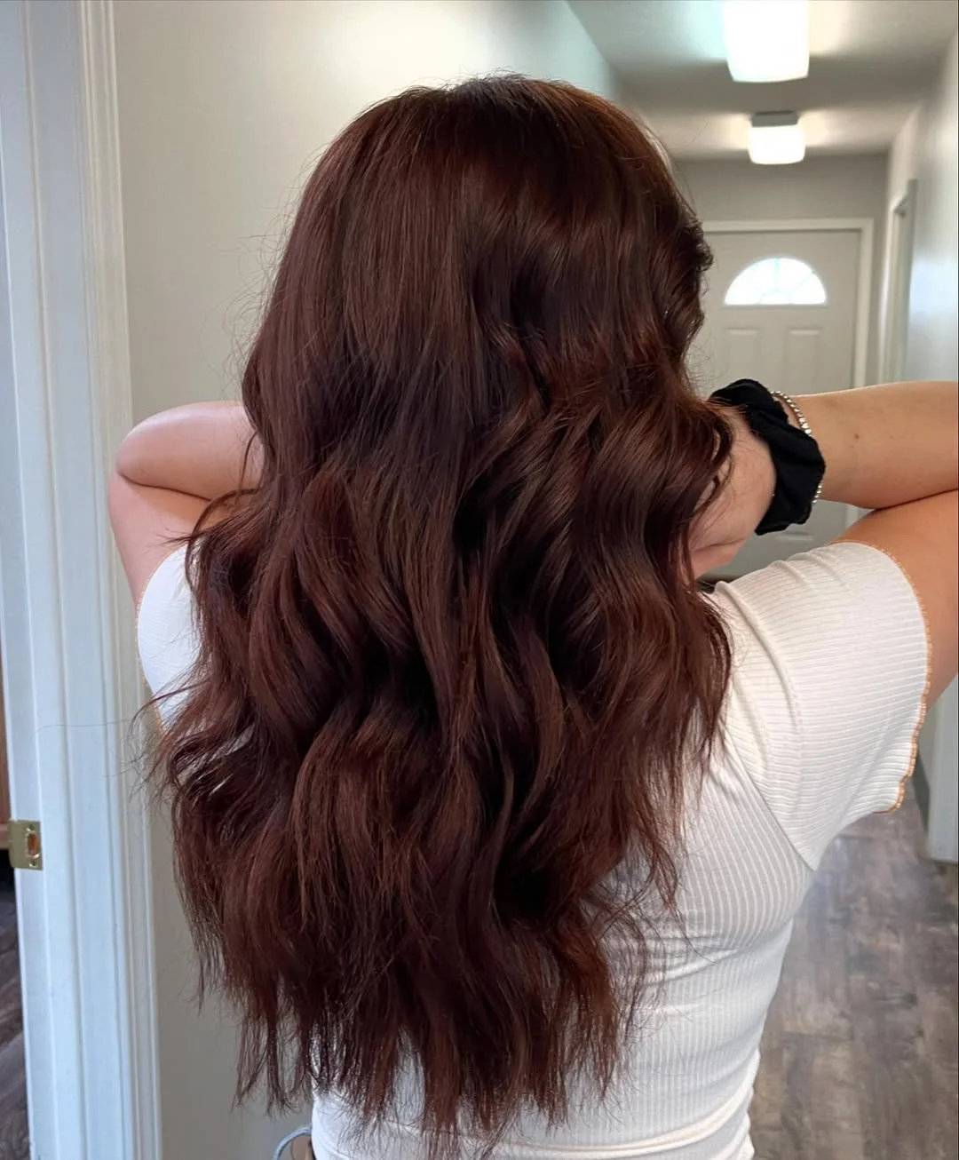 warm summer auburn hair color 2026 Dark Chocolate Auburn Waves