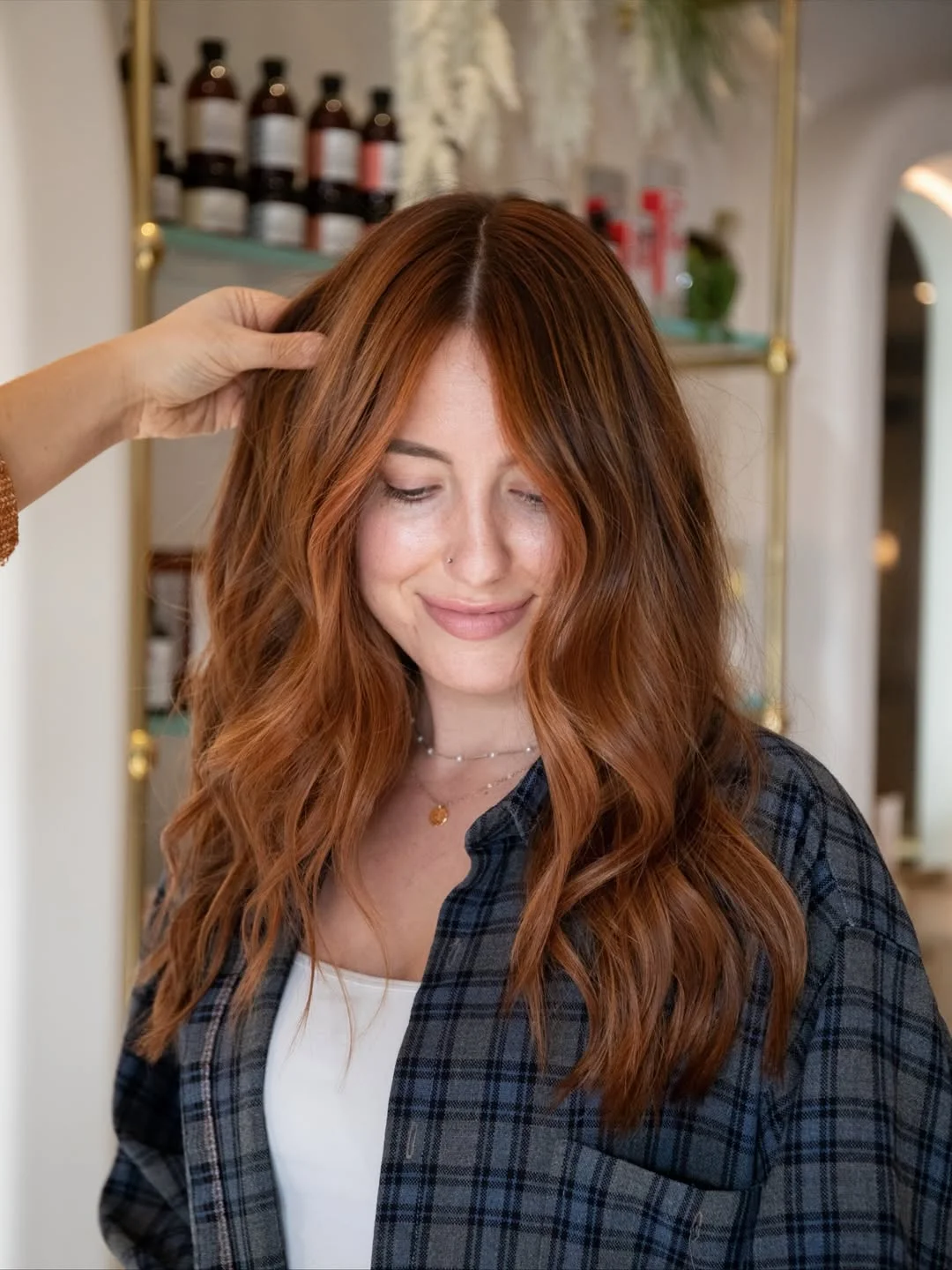 warm summer auburn hair color 2026 Spiced Auburn Waves With Lived-In Depth