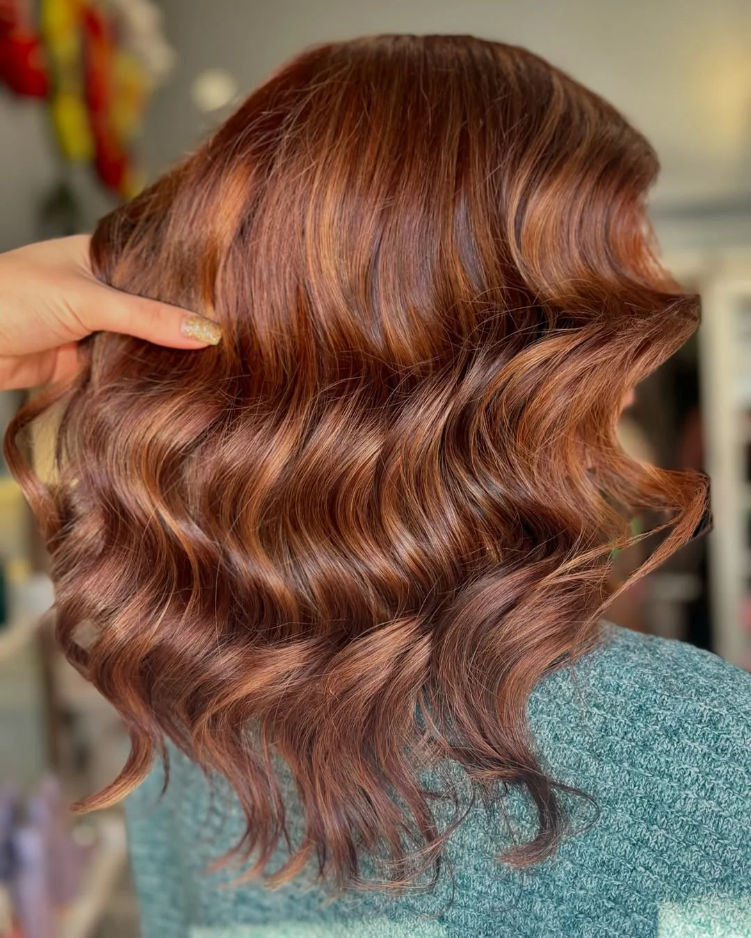 warm summer auburn hair color 2026 Rose Auburn Shine With Sculpted Waves
