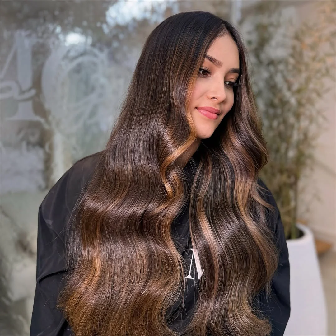 warm summer brunette hair color 2026 Chocolate Brunette With Warm Golden Ribbons