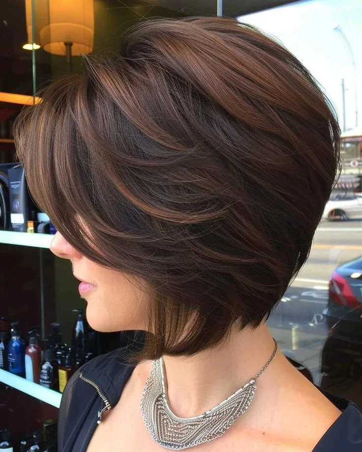 youthful summer haircuts for women over 40 2026 Layered Short Bob With Soft Brunette Dimension