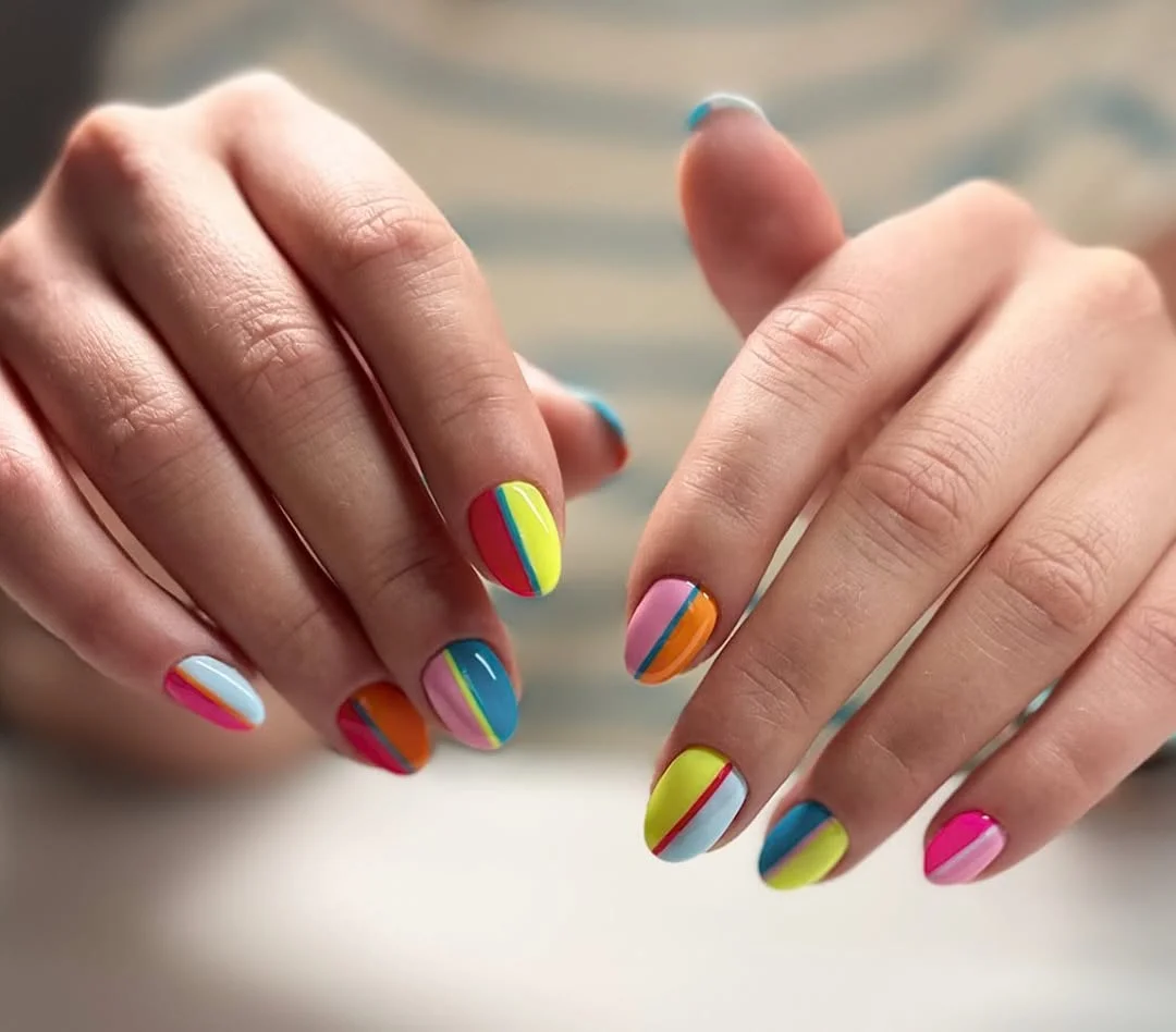 bright summer nails 2026 Graphic Color-Block Nails With Pop Stripe Details