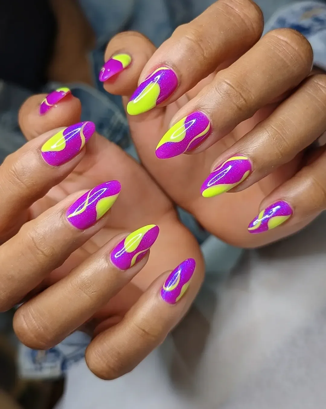 bright summer nails 2026 Electric Purple Almond Nails With Neon Lime Flame Waves