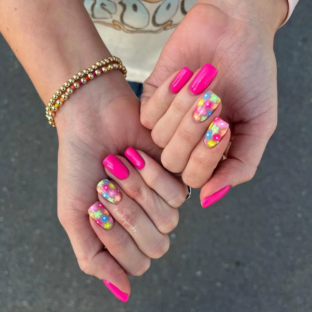 bright summer nails 2026 Hot Pink Square Nails With Pastel Daisy Accent Art