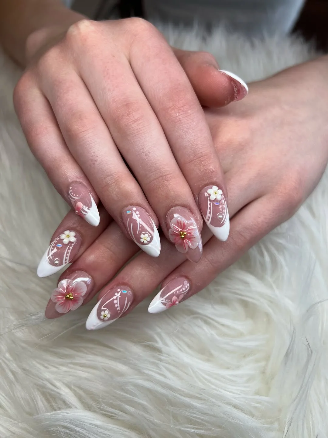 bright summer nails 2026 Soft White Floral French With Delicate 3D Blossom Details