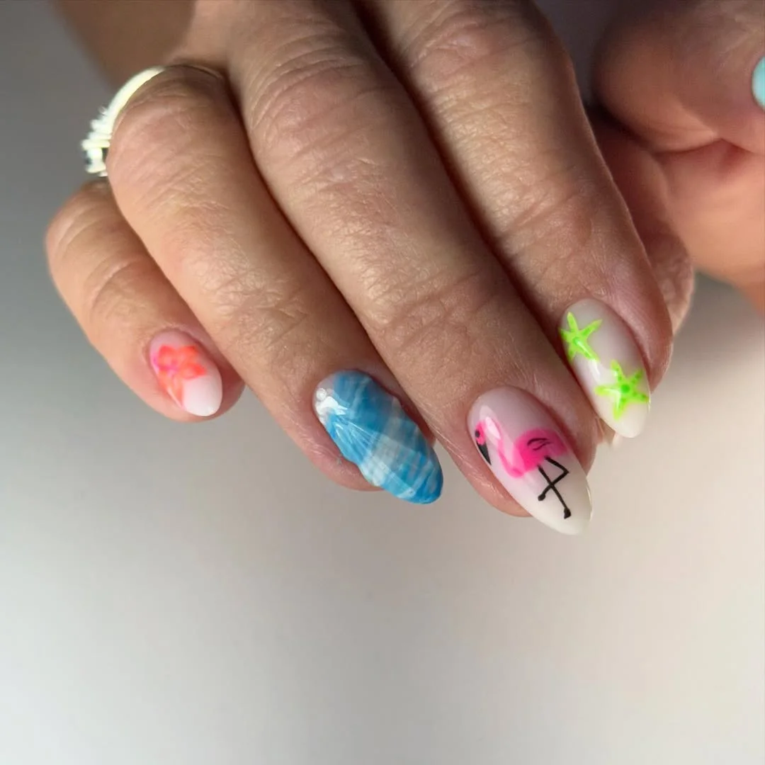 bright summer nails 2026 Tropical Flamingo Almond Nails With Ocean Blue Accent