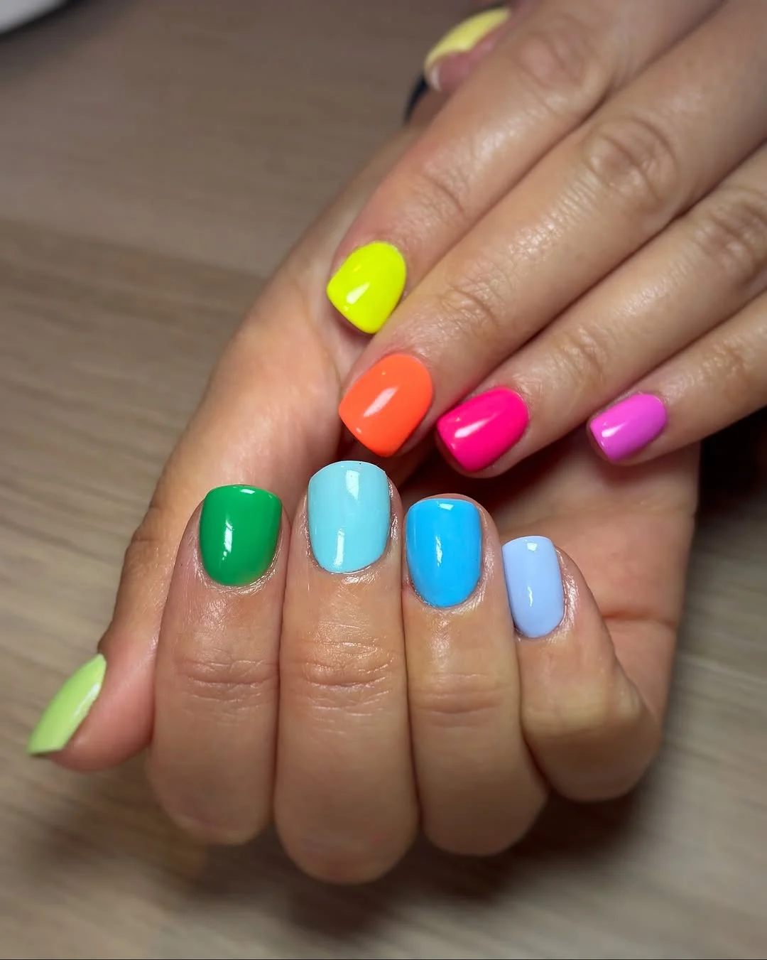bright summer nails 2026 Rainbow Short Nails With Glossy Candy Color