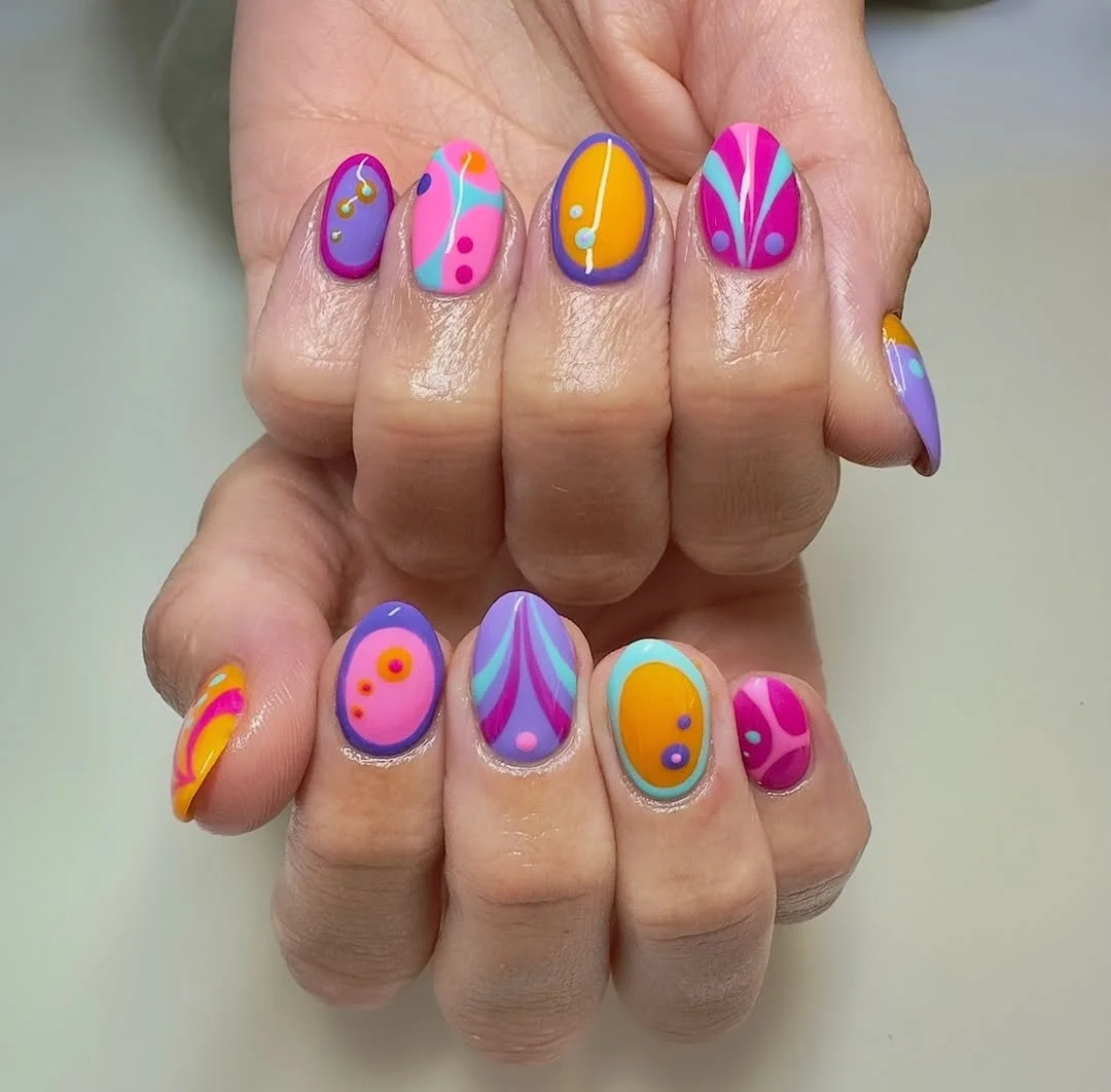 funky summer nails 2026 Retro Oval Nails With Purple, Pink And Tangerine Graphics