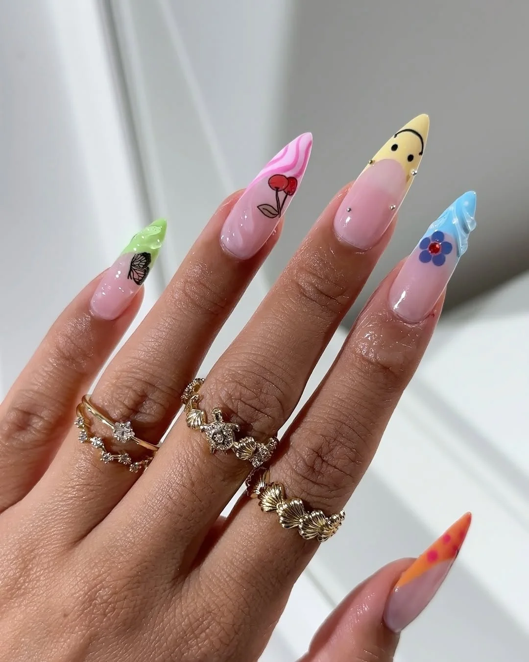 funky summer nails 2026 Long Pastel 3D French Tips With Cherries And Smiley Art