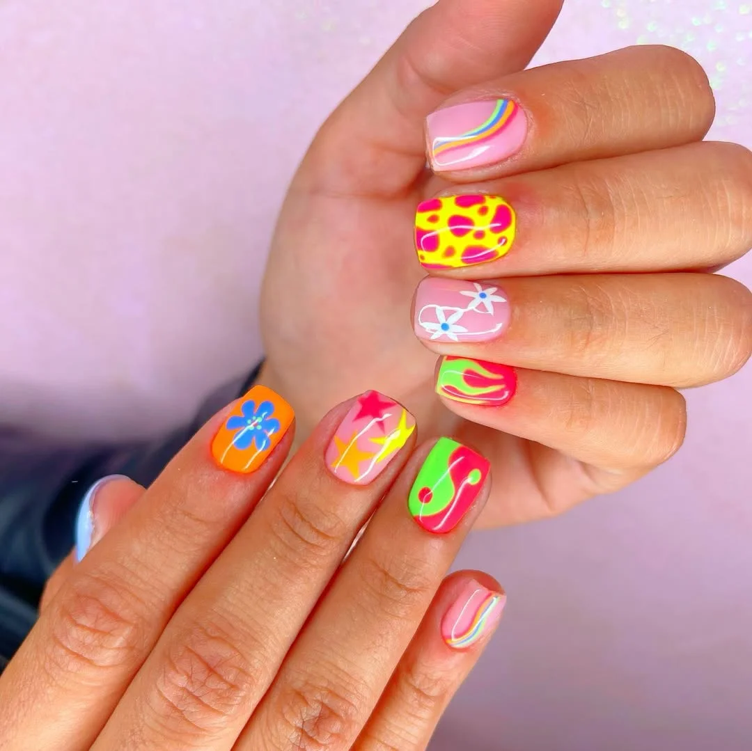 funky summer nails 2026 Short Neon Square Nails With Flowers, Dots, And Rainbow Lines