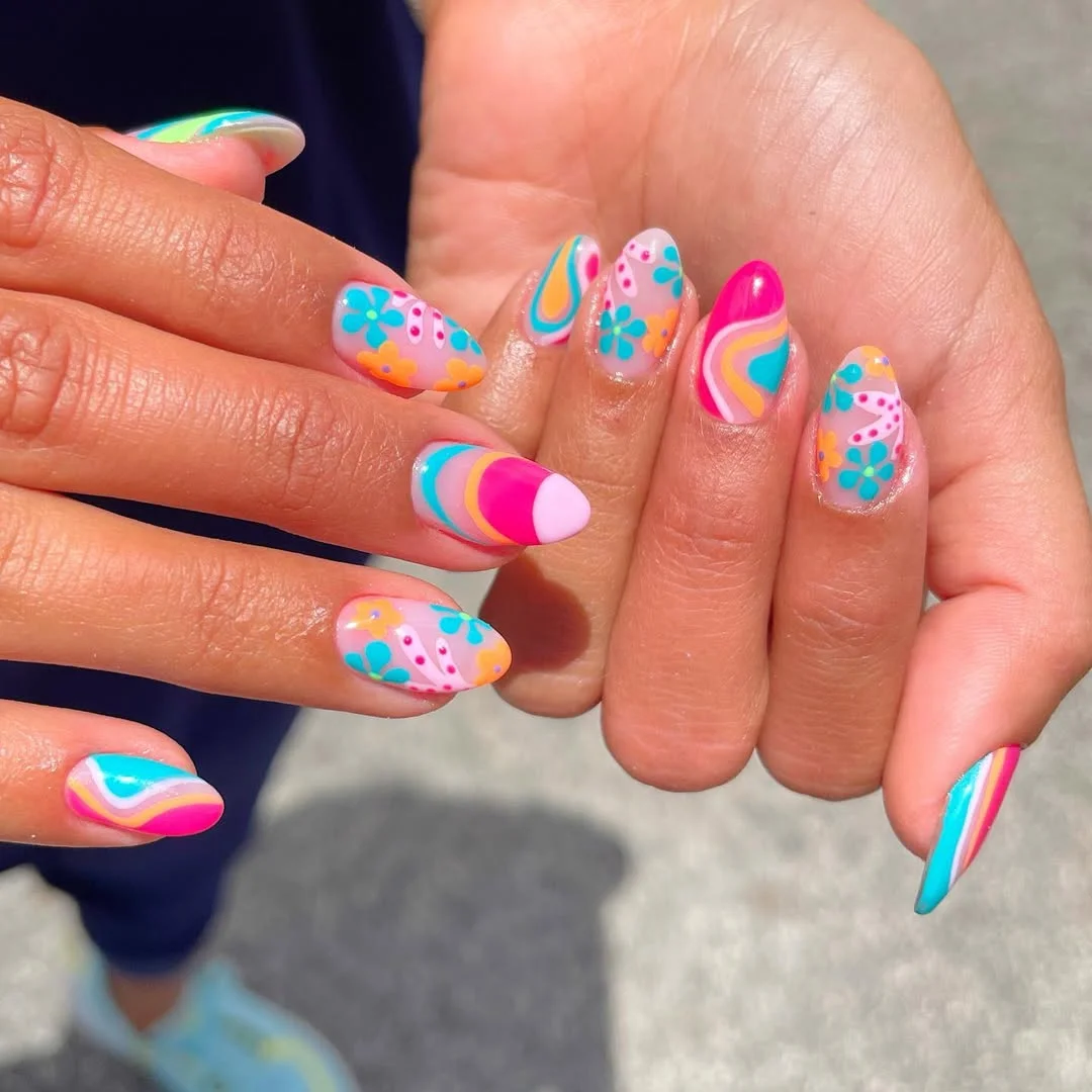 funky summer nails 2026 Almond Floral Nails With Pink, Teal, And Orange Retro Waves
