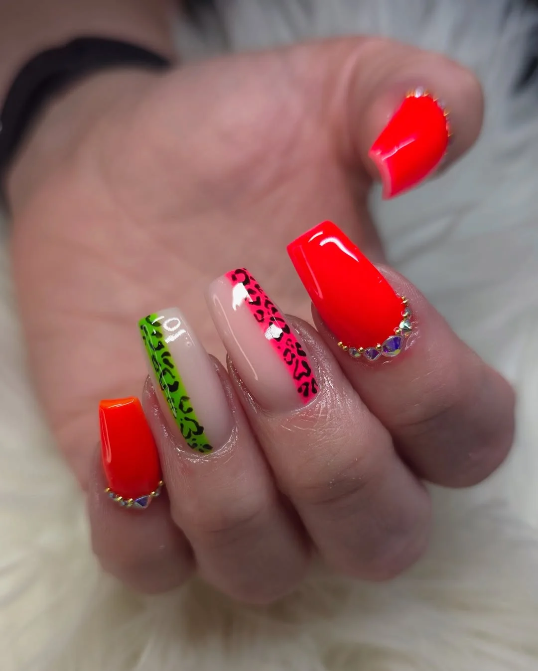 funky summer nails 2026 Neon Red Square Nails With Leopard Accent Stripes