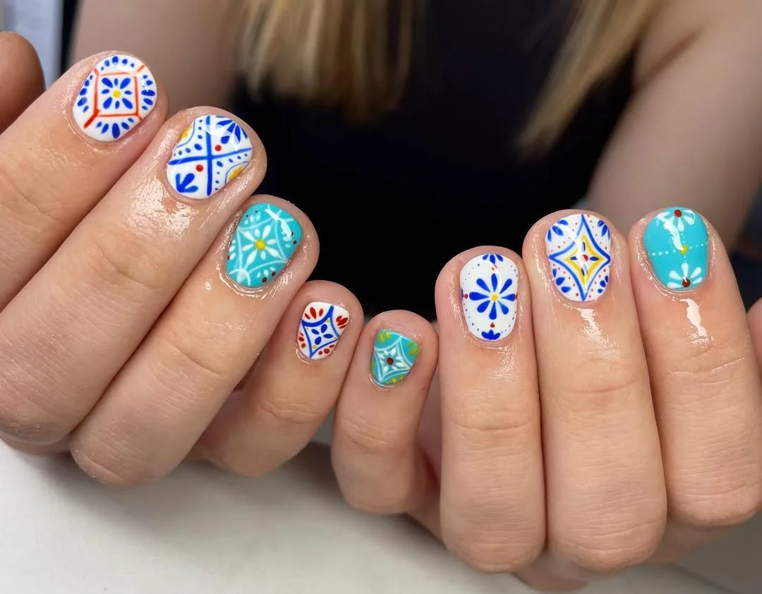 funky summer nails 2026 Short Tile-Inspired Nails With Blue, White, And Turquoise Art
