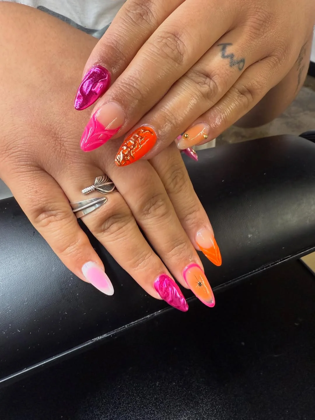 funky summer nails 2026 Hot Pink And Orange Stiletto Nails With Chrome Texture