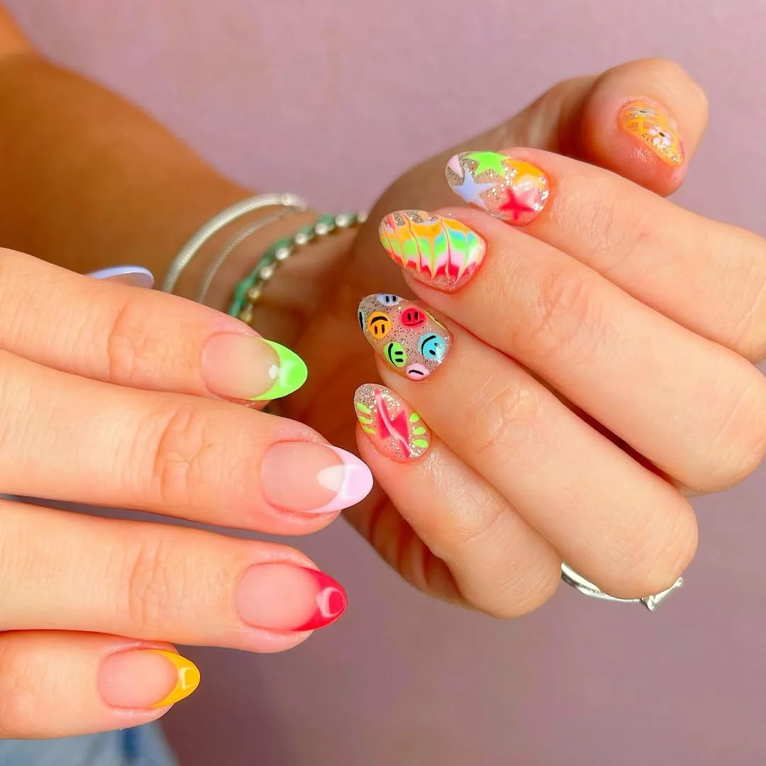 funky summer nails 2026 Short Neon Mix Nails With Smiley Art And French Tips