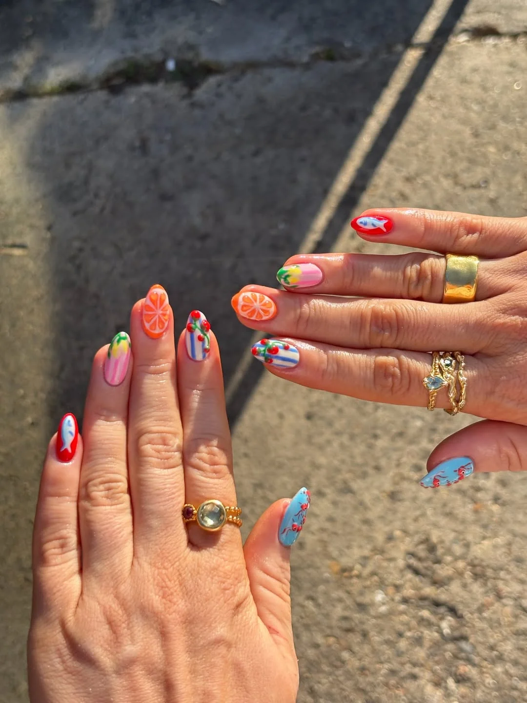 funky summer nails 2026 Fruit-Market Nails With Tiny Fish And Citrus Art