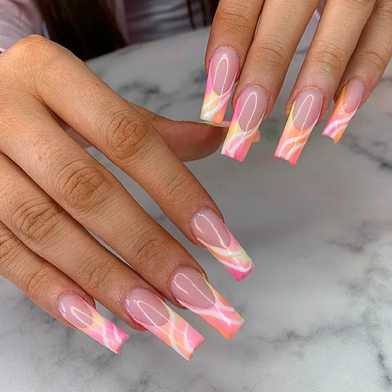 funky summer nails 2026 Long Square Sunset French Nails With Soft Swirls