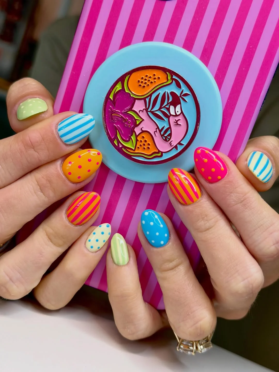 funky summer nails 2026 Short Candy Stripe Nails With Polka Dot Pop