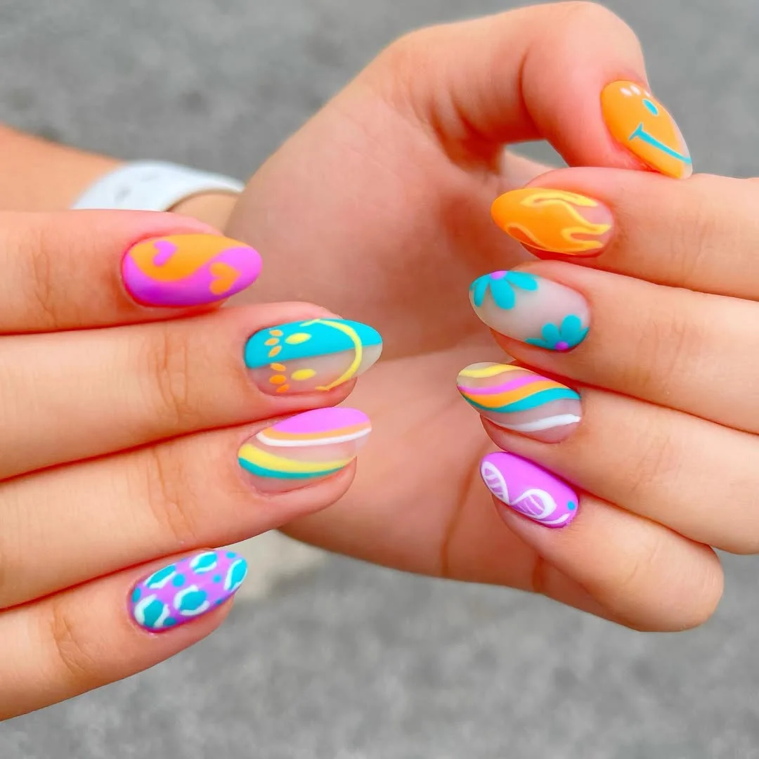 funky summer nails 2026 Neon Abstract Almond Nails With Flowers And Waves