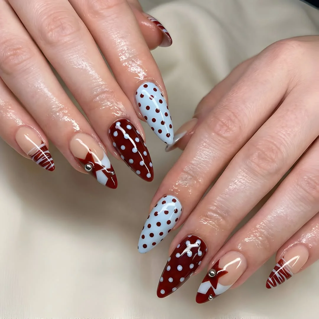 july nail colours ideas 2026 Cherry Cola And Powder Blue Polka Dot Nails