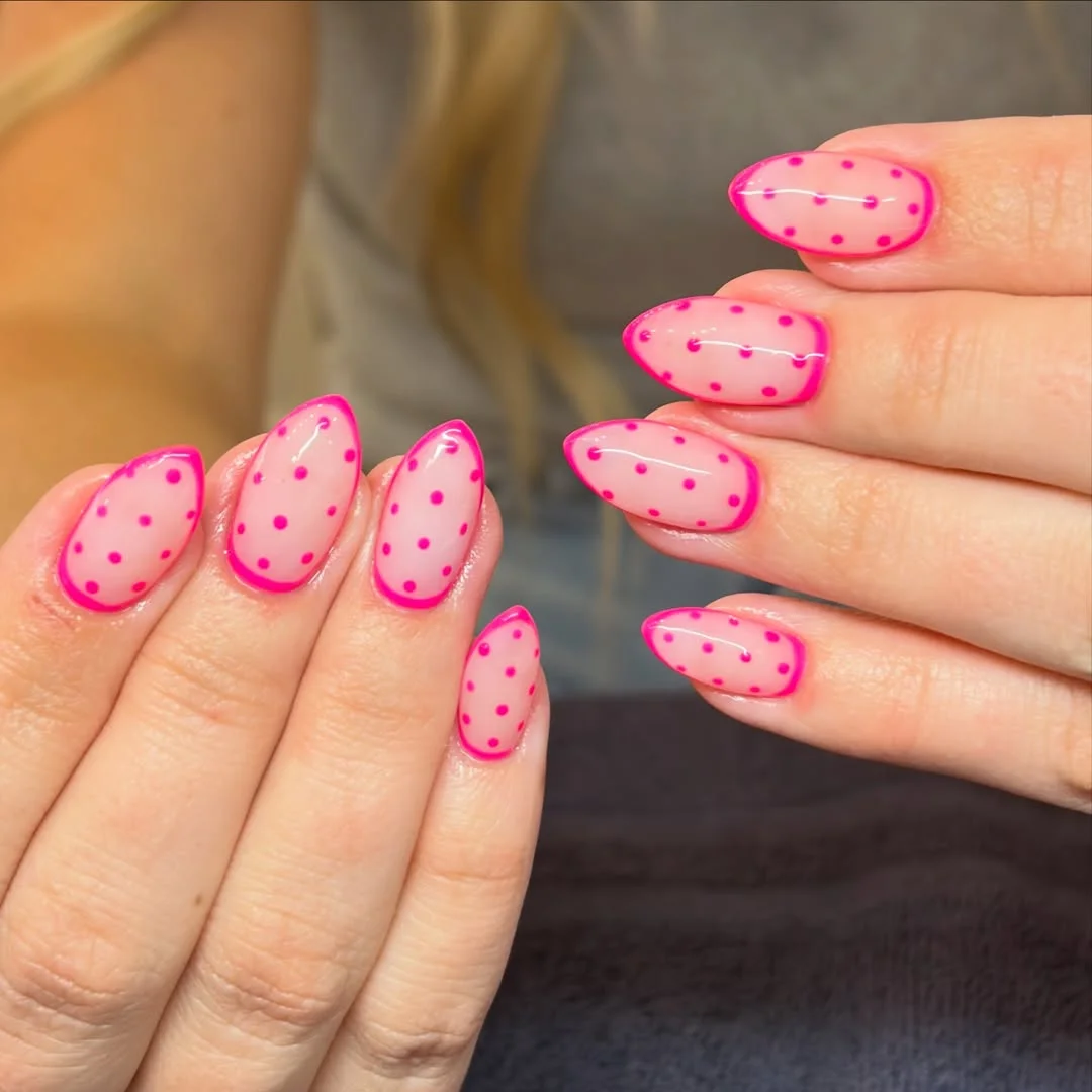 july nail colours ideas 2026 Neon Pink Sheer Polka Dot Nails