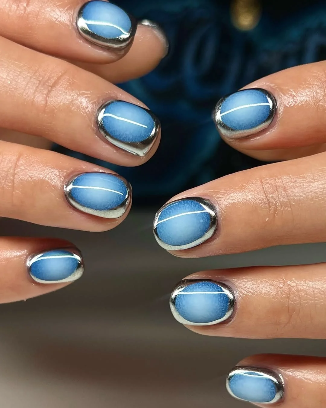 july nail colours ideas 2026 Soft Blue Chrome Frame Nails