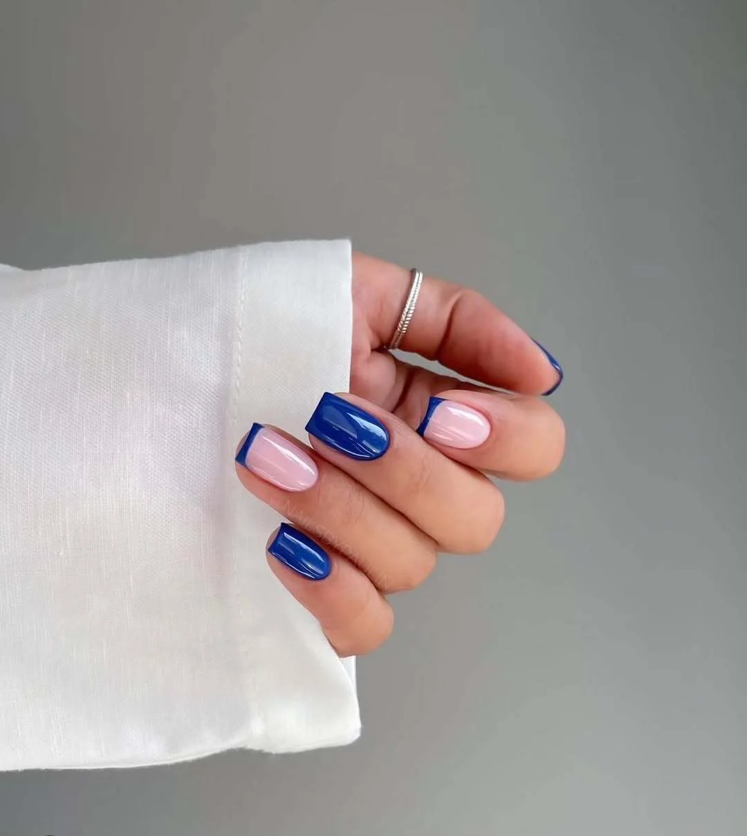july nail colours ideas 2026 Deep Blue Square Nails With Clean French Accents