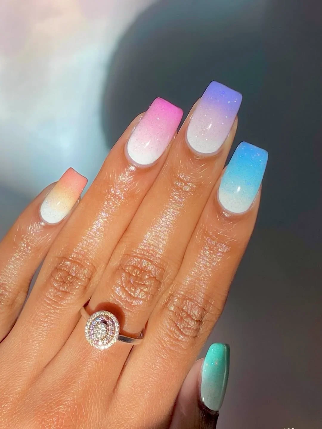 july nail colours ideas 2026 Pastel Ombre Square Nails With Soft Sparkle