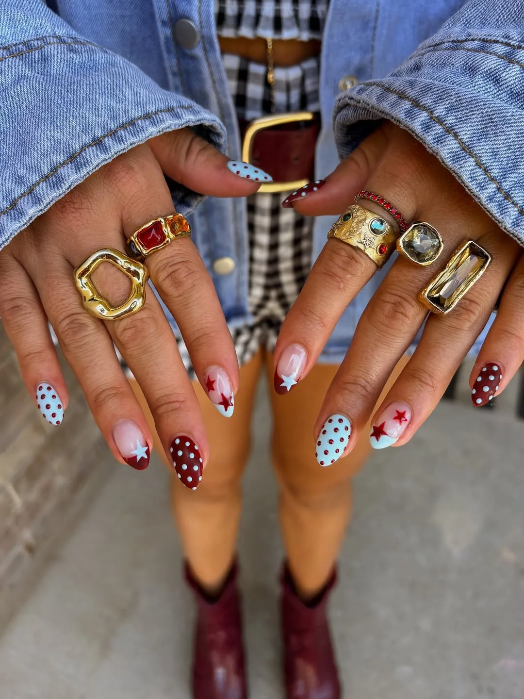 july nails design ideas 2026 Cherry Red Stars With Powder Blue Polka Dots