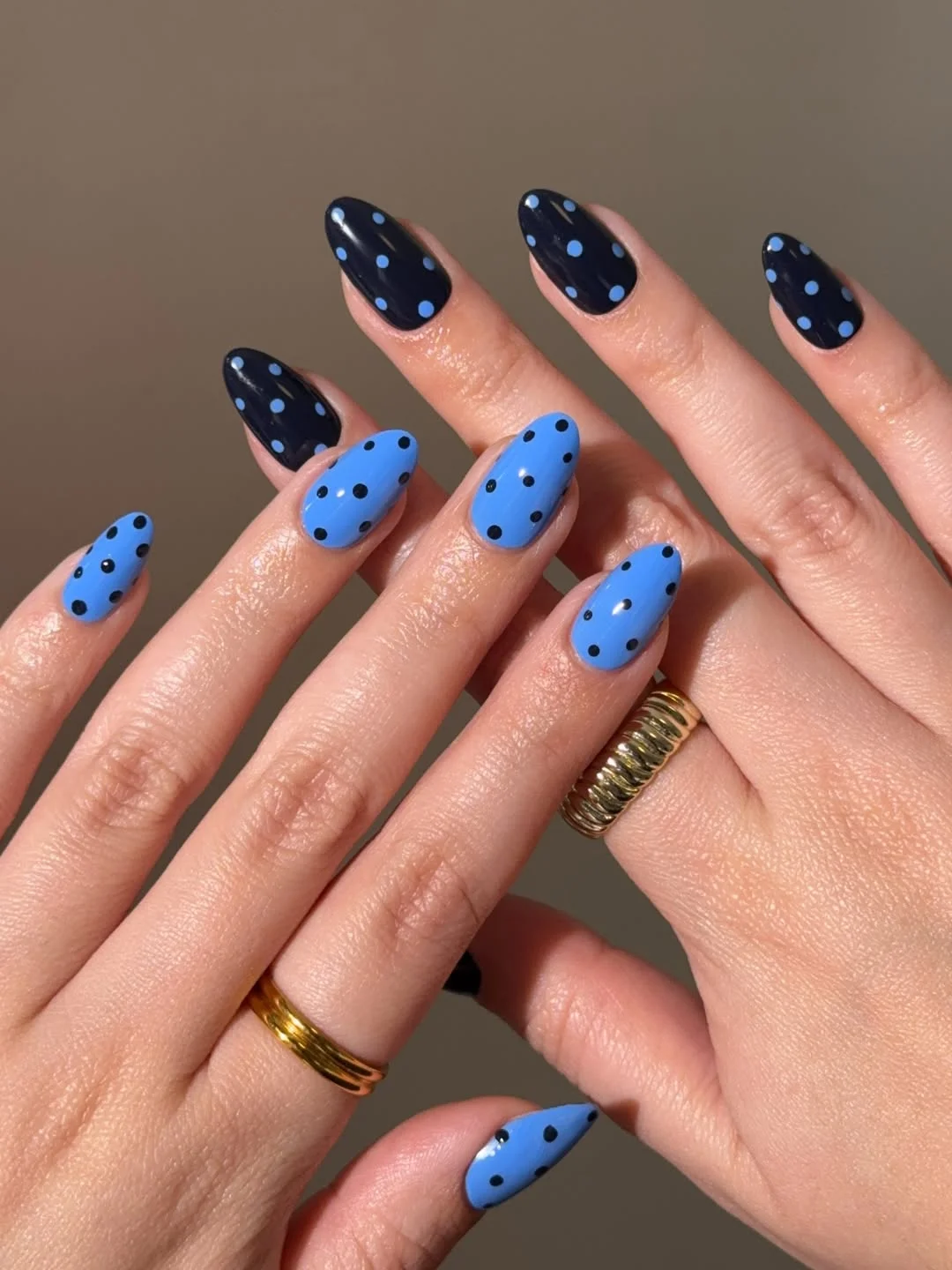 july nails design ideas 2026 Blue Polka Dot Nails With a Retro Contrast Twist