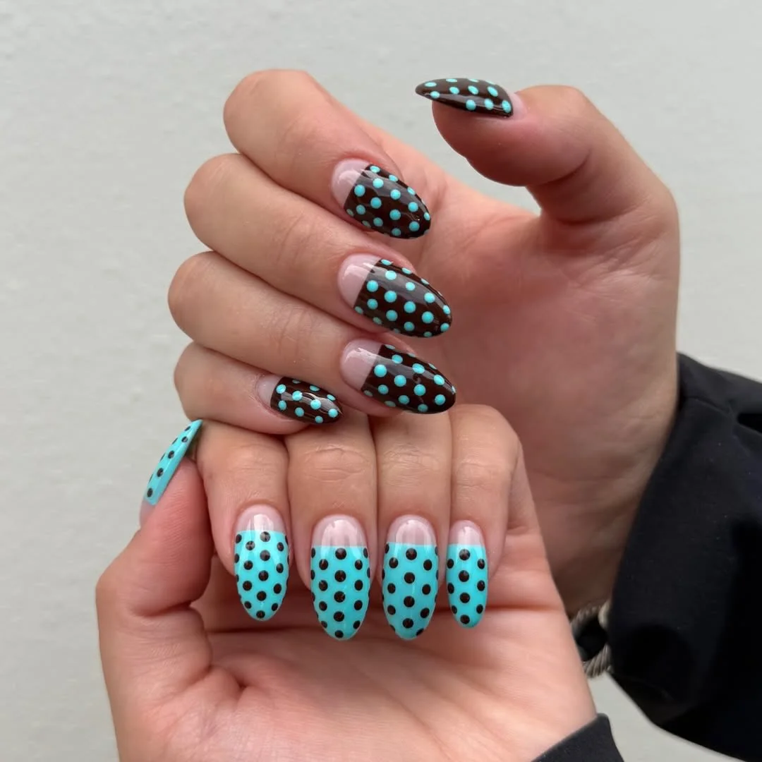 july nails design ideas 2026 Reverse Polka Dot Nails in Turquoise and Espresso
