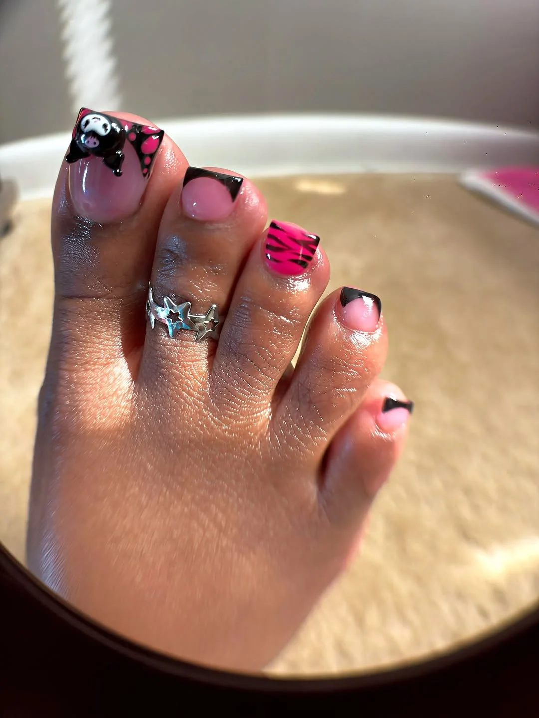 july toe nails design - summer ideas 2026 Black French Tips With Hot Pink Zebra Energy