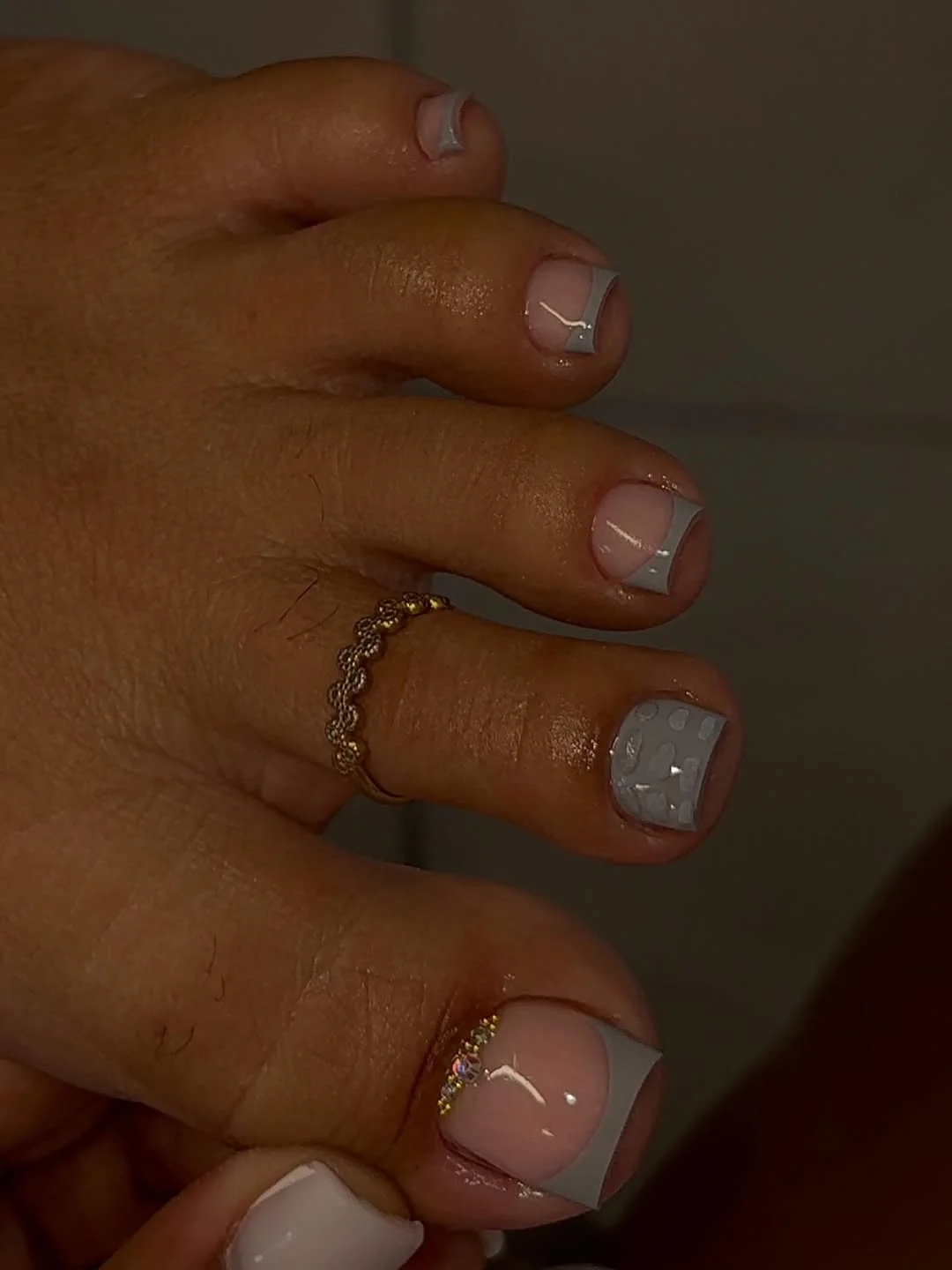 july toe nails design - summer ideas 2026 Cool Gray French Tips With Tiny Crystal Shine