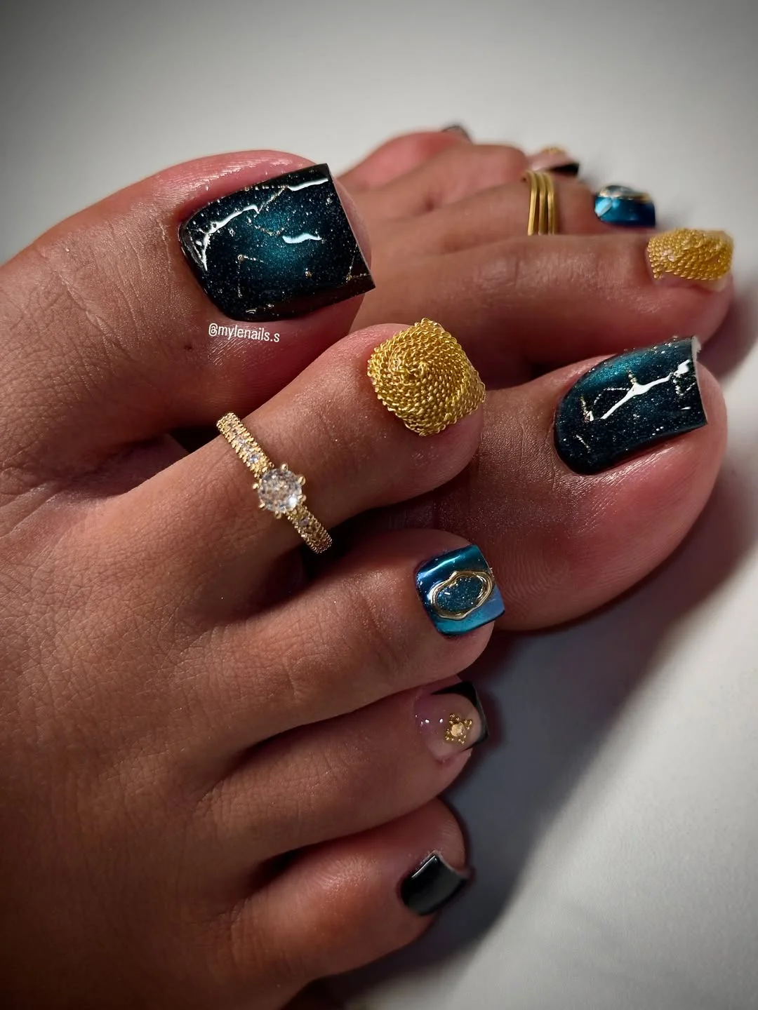 july toe nails design - summer ideas 2026 Deep Teal Pedicure With Gold Accent Details