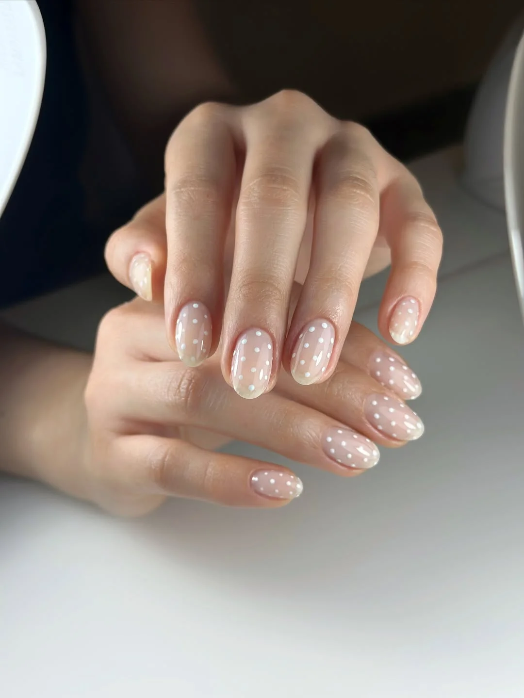 june manicure ideas 2026 Sheer Blush Polka Dot Nails for a Soft June Mood
