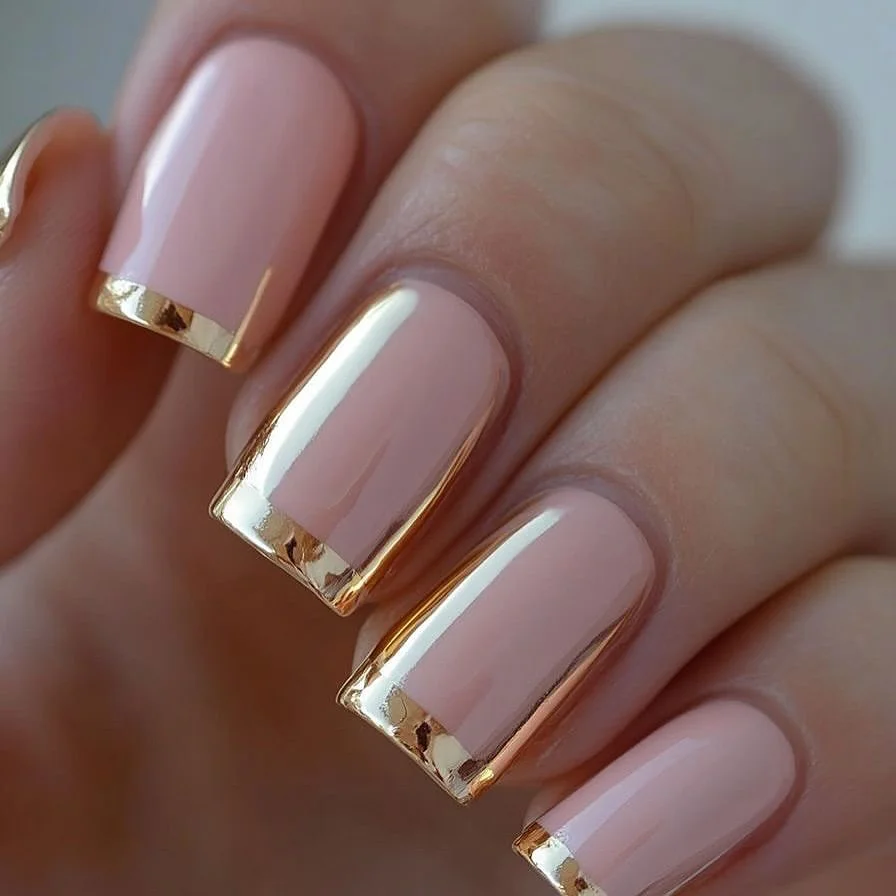 june manicure ideas 2026 Blush Square Nails With Gold French Edges
