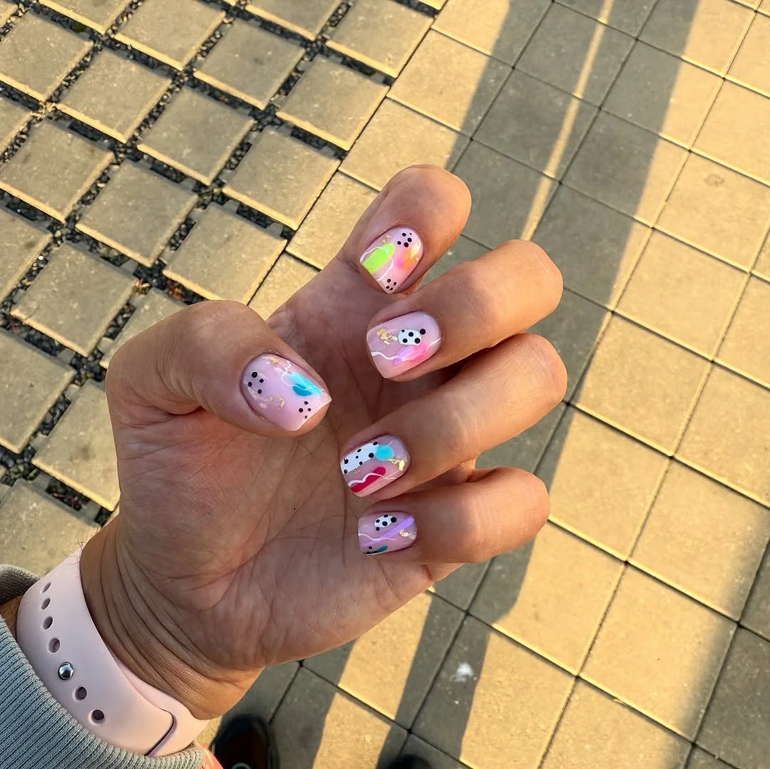 june manicure ideas 2026 Pastel Abstract Nails With Neon Summer Sparks