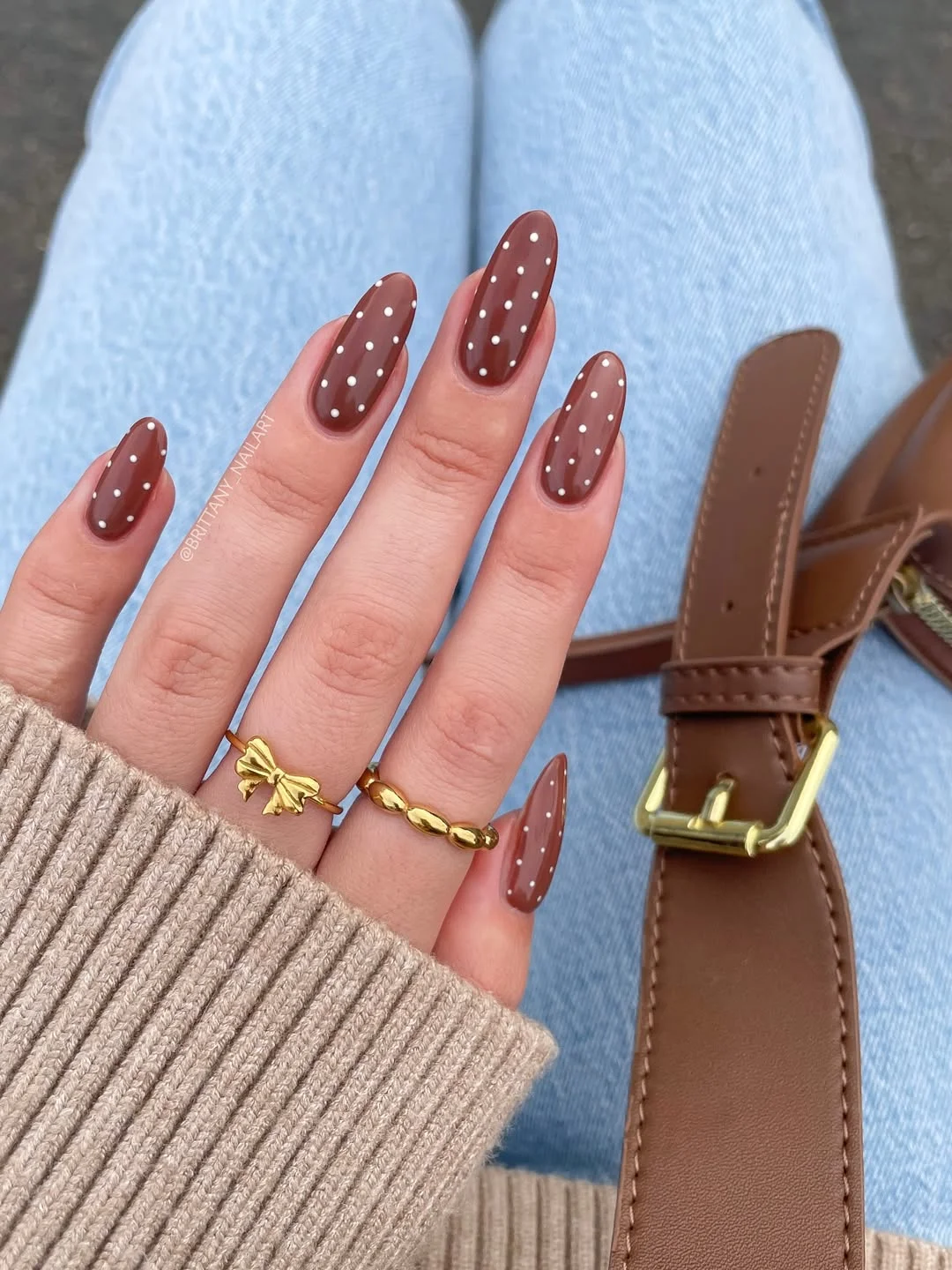 june manicure ideas 2026 Chocolate Brown Almond Nails With White Dot Details