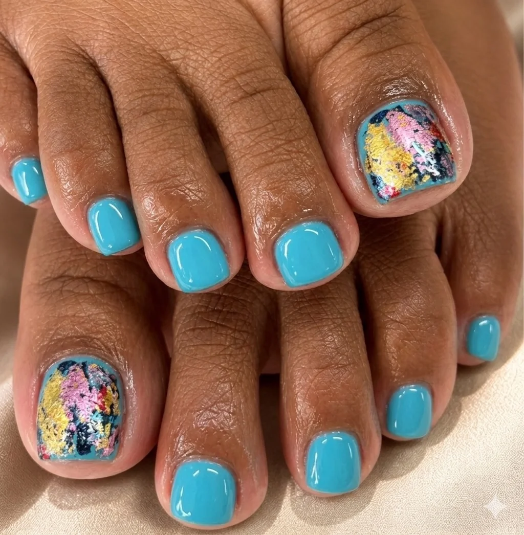 june pedicure ideas 2026 Turquoise Pedicure With Abstract Accent Art