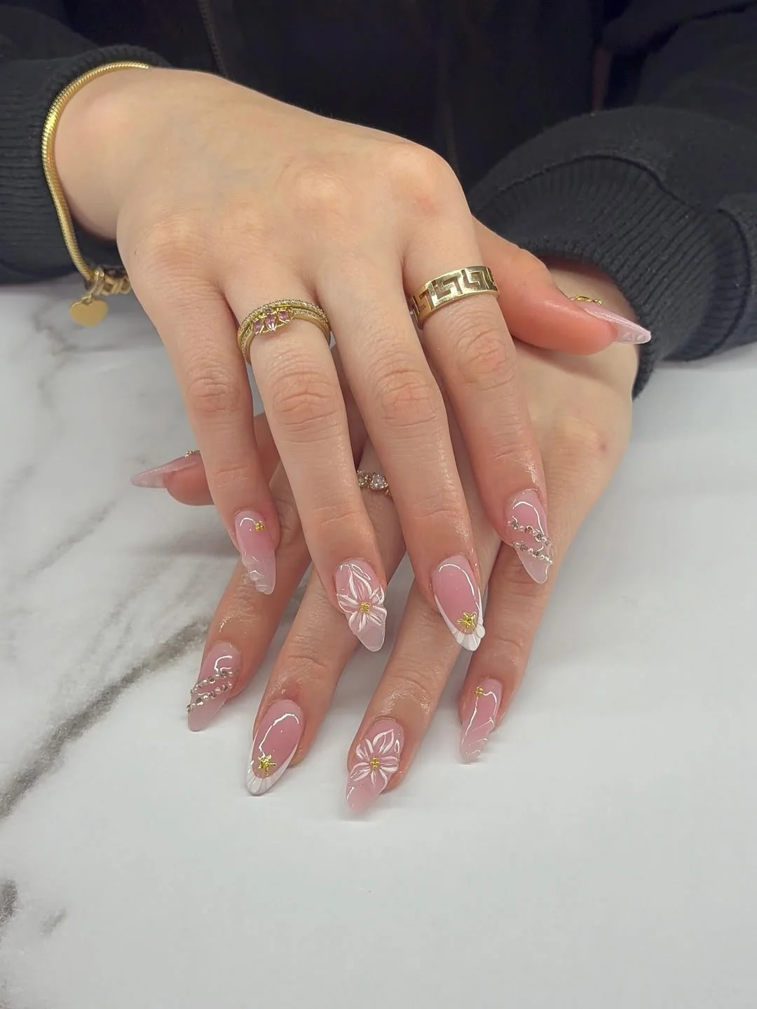 light summer nails 2026 Blush Floral Nails With Delicate White Details