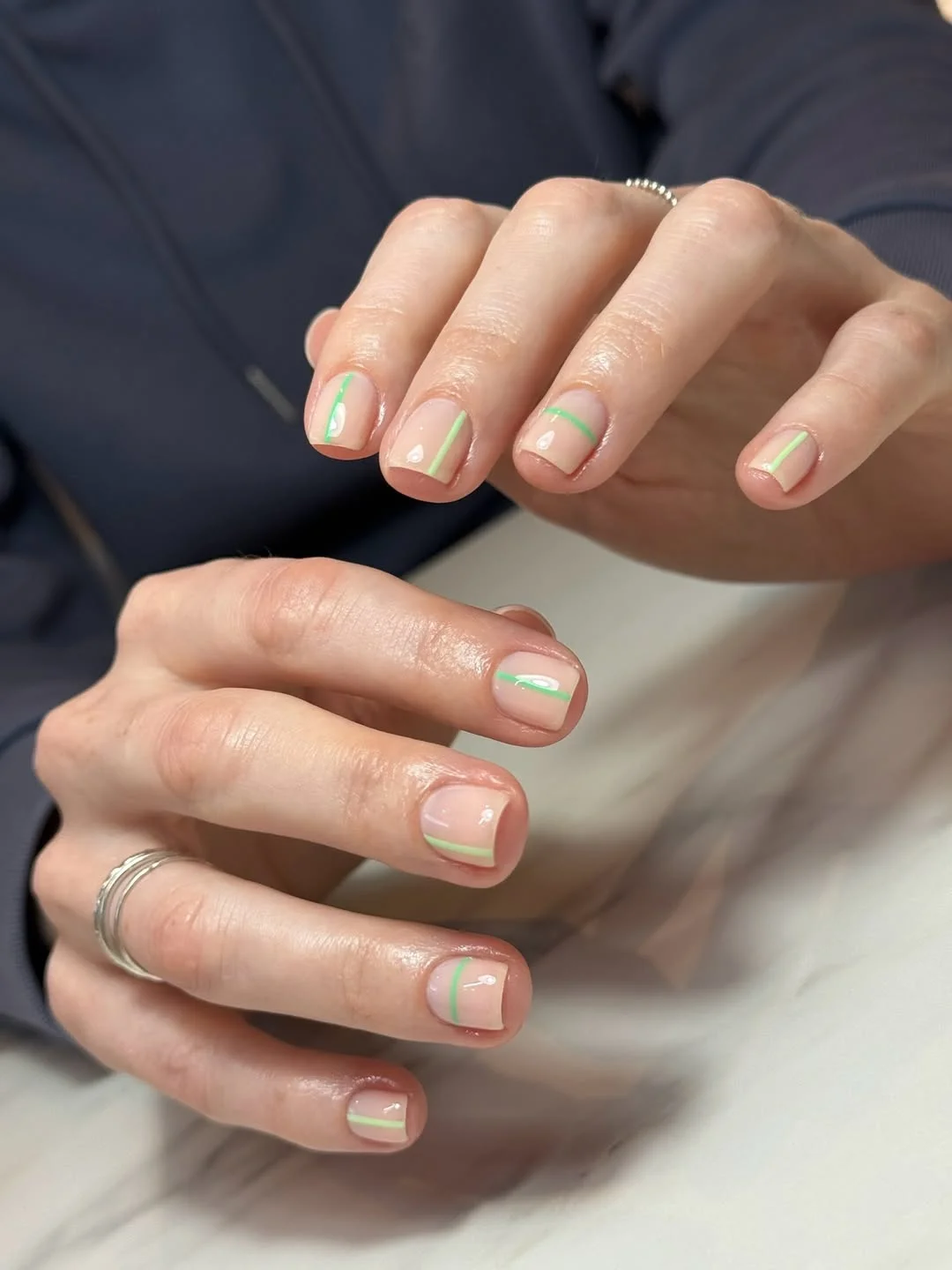 plain summer nails 2026 Minimal Short Nude Nails With Mint Line Art