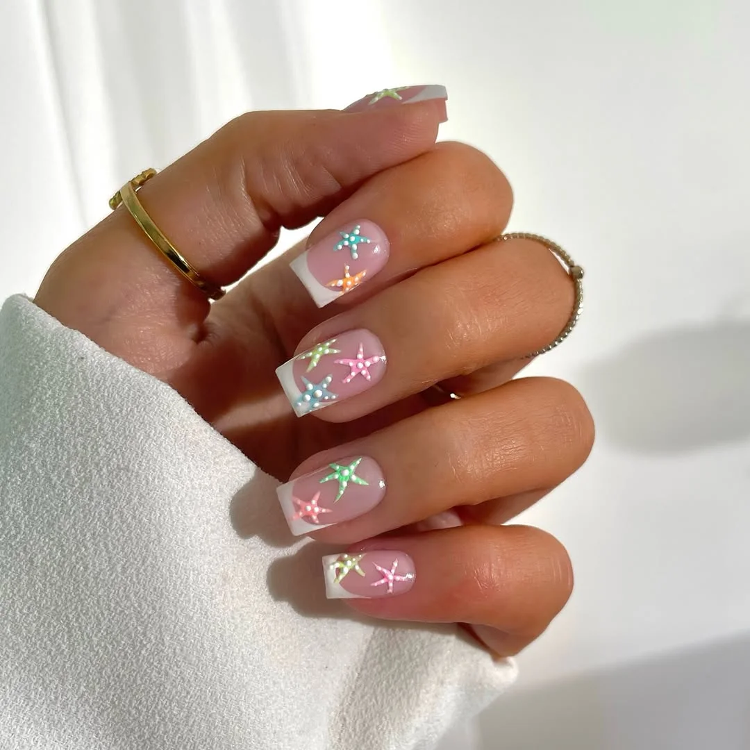 starfish summer nails 2026 Pastel Square French Nails With Tiny Starfish