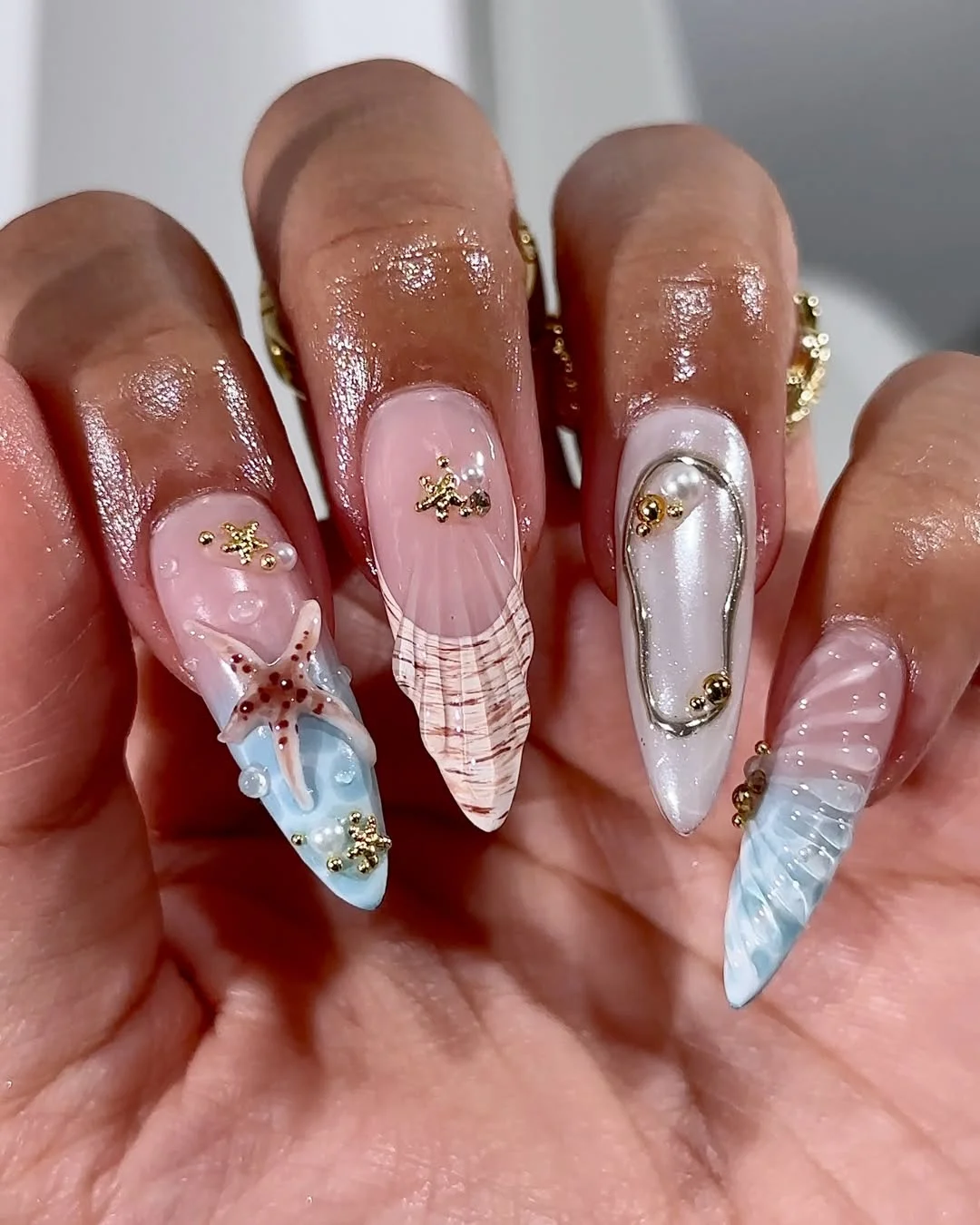 starfish summer nails 2026 Luxe Shell Sculpture Nails With Starfish And Pearl Details