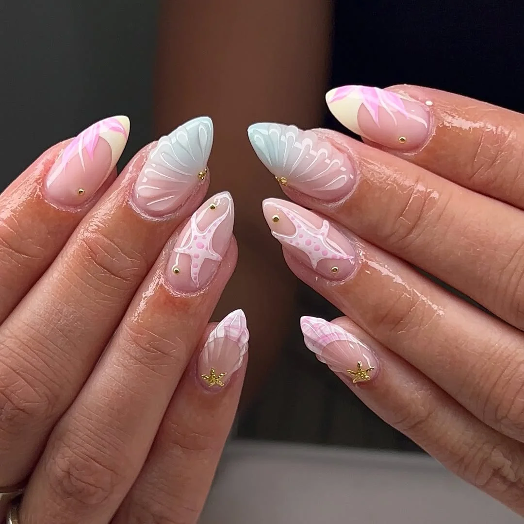 starfish summer nails 2026 Pastel Seashell Nails With Pink Starfish And Gold Studs
