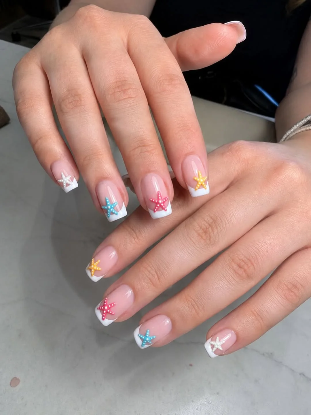 starfish summer nails 2026 Square White French Tips With Colorful Starfish